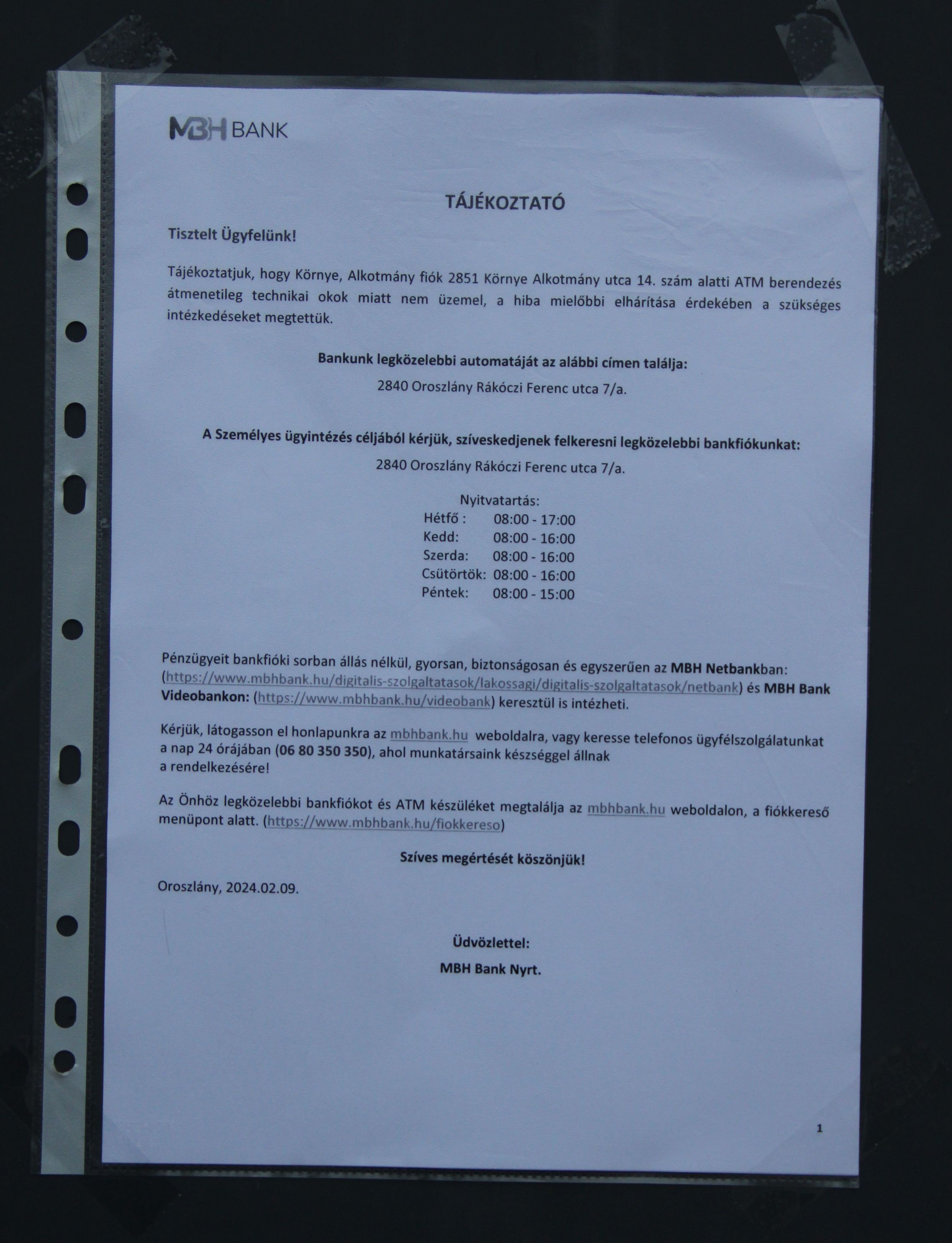 Technikai okok miatt nem üzemel az ATM Környén